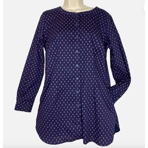 Duluth Trading Co Navy Pineapple Print Button Front Tunic Shirt Dress‎ Pockets L